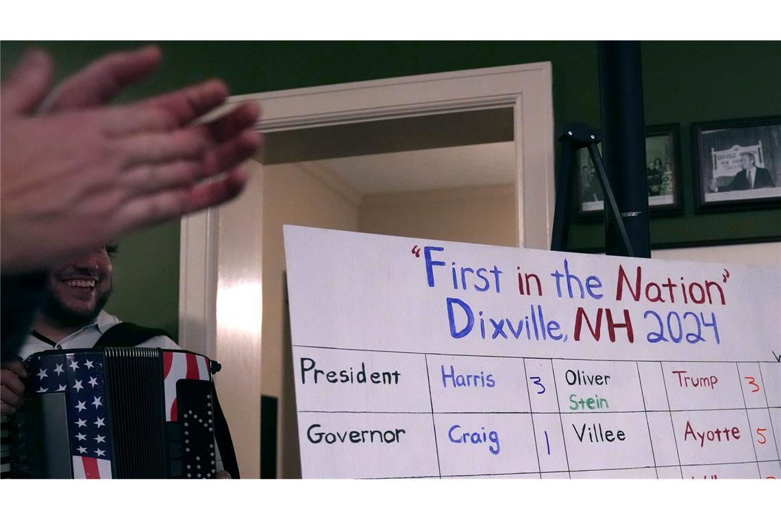 USA warten auf Wahlergebnisse - keine größeren Zwischenfälle In dem kleinen Örtchen Dixville Notch erzielten Harris und Trump mit 3 zu 3 Stimmen ein Unentschieden, wie dort kurz nach Mitternacht (Ortszeit) auf einer handbeschriebenen Tafel verkündet wurde.