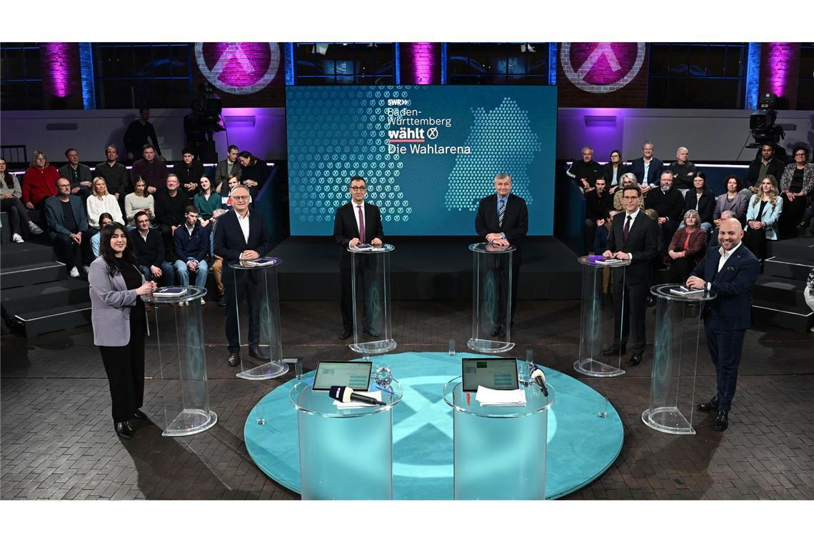 In der SWR-"Wahlarena" trafen die sechs Spitzenkandidatinnen und Spitzenkandidaten der Parteien mit Aussicht auf Sitze im Landtag aufeinander.