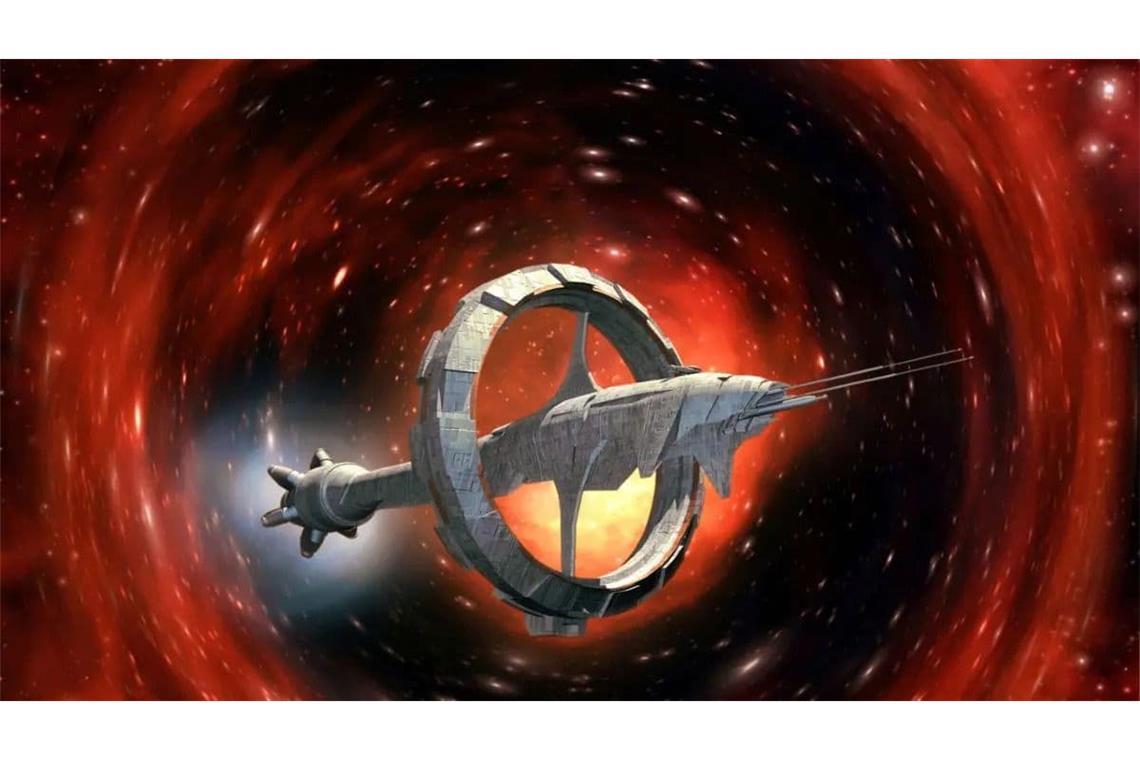 In der Theorie fliegt ein Raumschiff in die Raumkrümmung hinein, bewegt sich nur minimal und kommt Lichtjahre entfernt in einer fernen Galaxie wieder hervor. 
