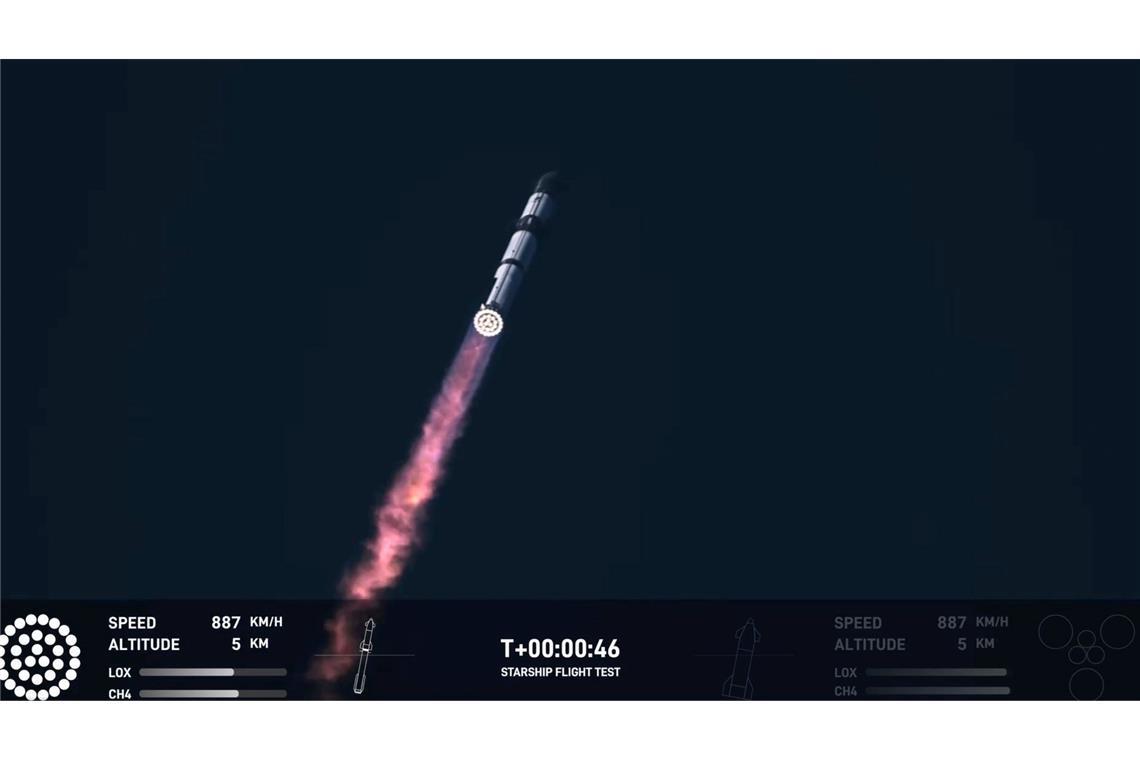 Raketensystem "Starship" meistert Testflug - mit Makel In diesem Bild aus einem von SpaceX zur Verfügung gestellten Video hebt eine SpaceX Starship-Rakete in Boca Chica, Texas, ab.
