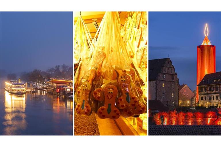 In Hamburg gibt es den „geilsten Weihnachtsmarkt der Welt“ – und entsprechende Produkte (Mitte). Die Städte Vilshofen (links) und Schlitz (rechts) fallen durch andere Besonderheiten auf.