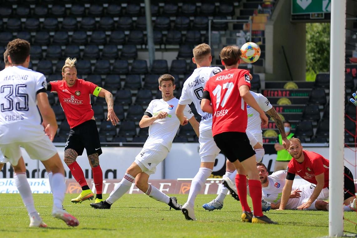 Innenverteidiger Kai Gehring (Dritter von links) vergibt in der 35. Minute das mögliche Führungstor für die Großaspacher Drittliga-Fußballer. Foto: A. Becher