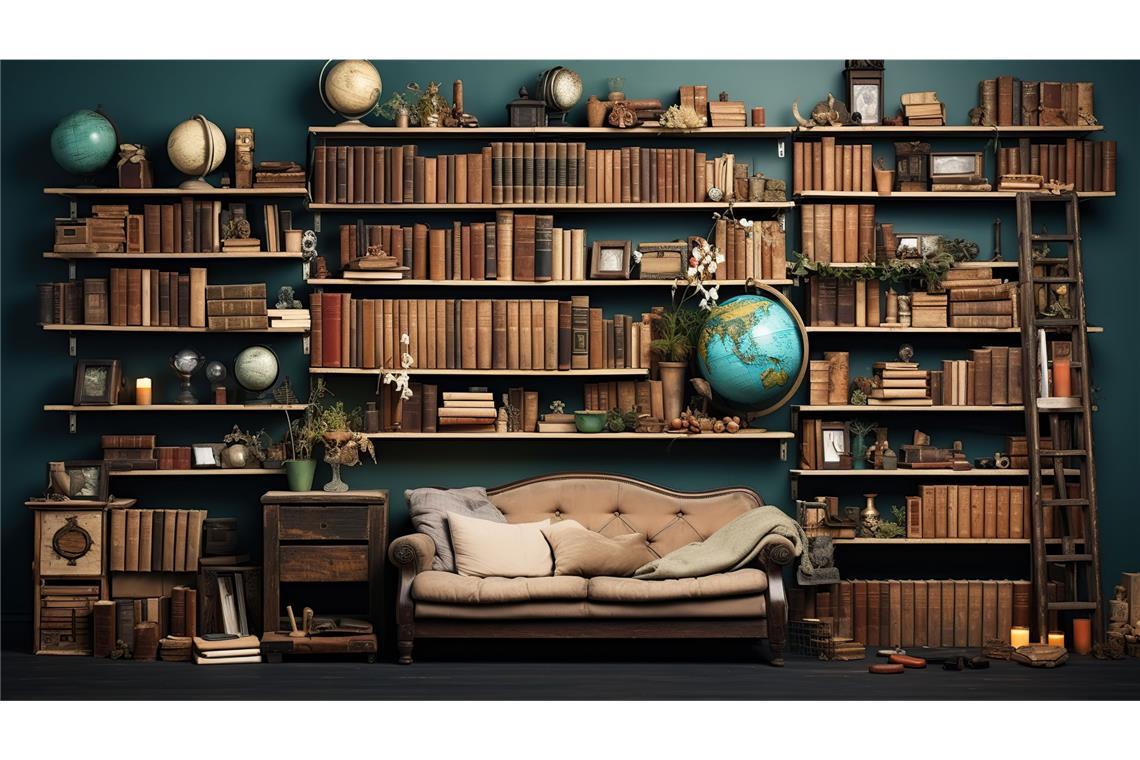 Schöner Buchrücken zum Entzücken Ins Bücherregal zum Angeben gehören zum Beispiel auch ein Globus, Kunsthandwerk, Kerzen und Vasen.