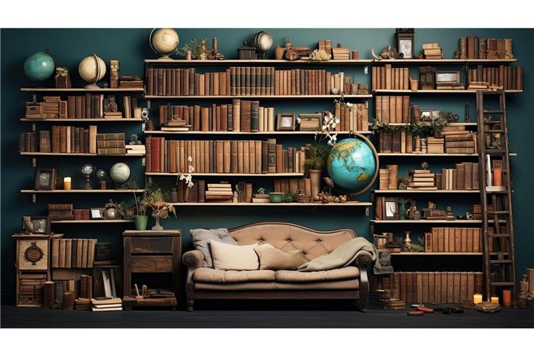 Ins Bücherregal zum Angeben gehören zum Beispiel auch  ein Globus, Kunsthandwerk, Kerzen und Vasen.