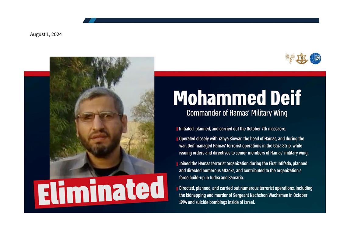 Hamas bestätigt erstmals Tod ihres Militärchefs Israels Armee tötete Mohammed Deif im vergangenen Juli bei Chan Junis im Süden des Gazastreifens. (Archivbild)