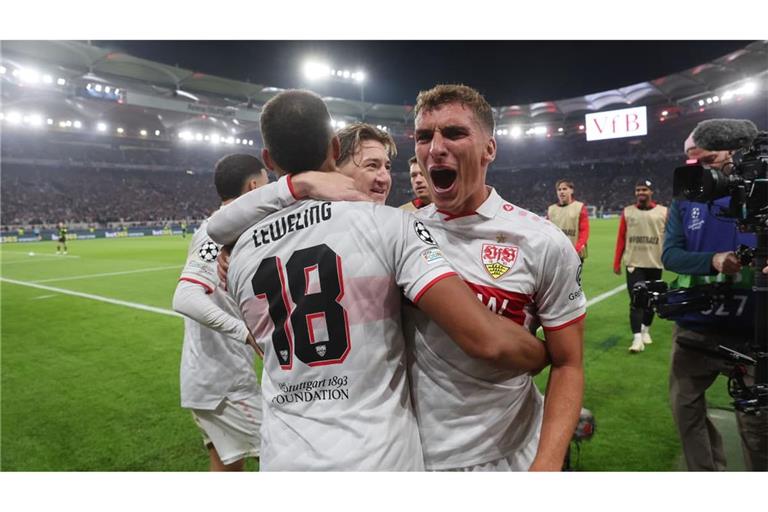Jamie Leweling, Angelo Stiller und Grischa Prömel (li.) jubeln gegen Atletico Madrid – und wollen nun Borussia Mönchengladbach schlagen.