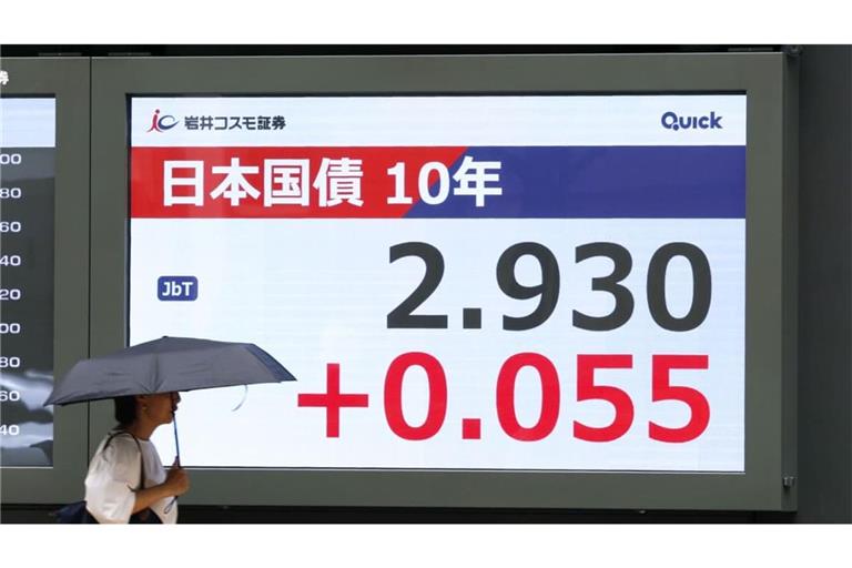 Japan, Tokio: Auf einem Monitor ist am 17. August 2026 zu sehen, dass die Rendite der neu emittierten japanischen zehnjährigen Staatsanleihe am Morgen 2,930 Prozent erreicht – den bis dato höchsten Stand seit Oktober 1996 –, während die Spekulationen über eine vorzeitige Straffung der Geldpolitik durch die Bank of Japan zunehmen. Anfang September wurde kurzfristig sogar die Drei-Prozent-Marke geknackt.