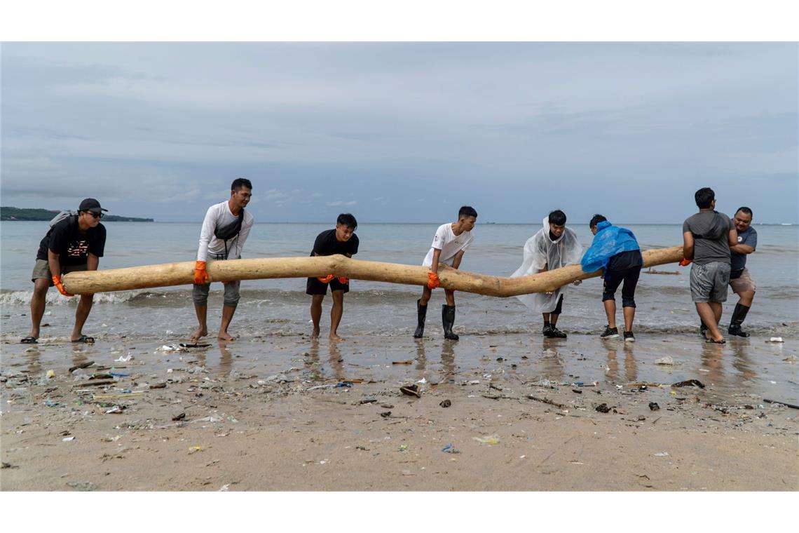 Bilder des Tages Jetzt wird aufgeräumt: Freiwillige entfernen einen Baumstamm, der von den saisonalen Monsunfluten an Land gespült wurde, während einer Strandsäuberungsaktion am Kedonganan Strand auf der Ferieninsel Bali.