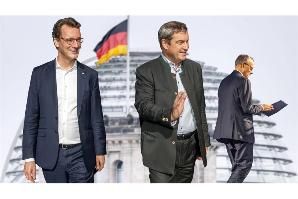 Kanzlertausch: Bundeskanzler Merz steht nach CDU-Wahlniederlagen unter Druck, Hendrik Wüst (re.) und Markus Söder (Mi.) gelten als potenzielle Nachfolger (Fotomontage).