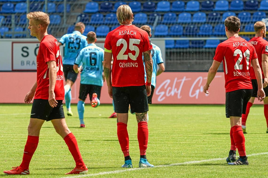 Spiegelbild für große Teile der Saison Kassierten in Mannheim eine bittere 2:3-Niederlage und befinden sich nur noch Millimeter vor dem Gang in die Regionalliga: Großaspachs Fußballer um Kapitän Kai Gehring. Foto: O. Zimmermann