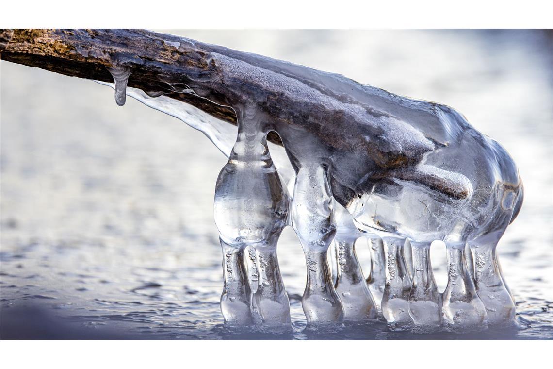 Kleine Eisstrukturen haben sich nach zwei sehr kalten Nächten am Ufer der Talsperre Spremberg gebildet.