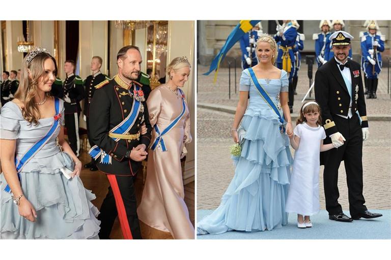Knapp 15 Jahre liegen zwischen diesen beiden Bildern: Ingrid Alexandra (links) und Mette-Marit von Norwegen im selben Kleid.