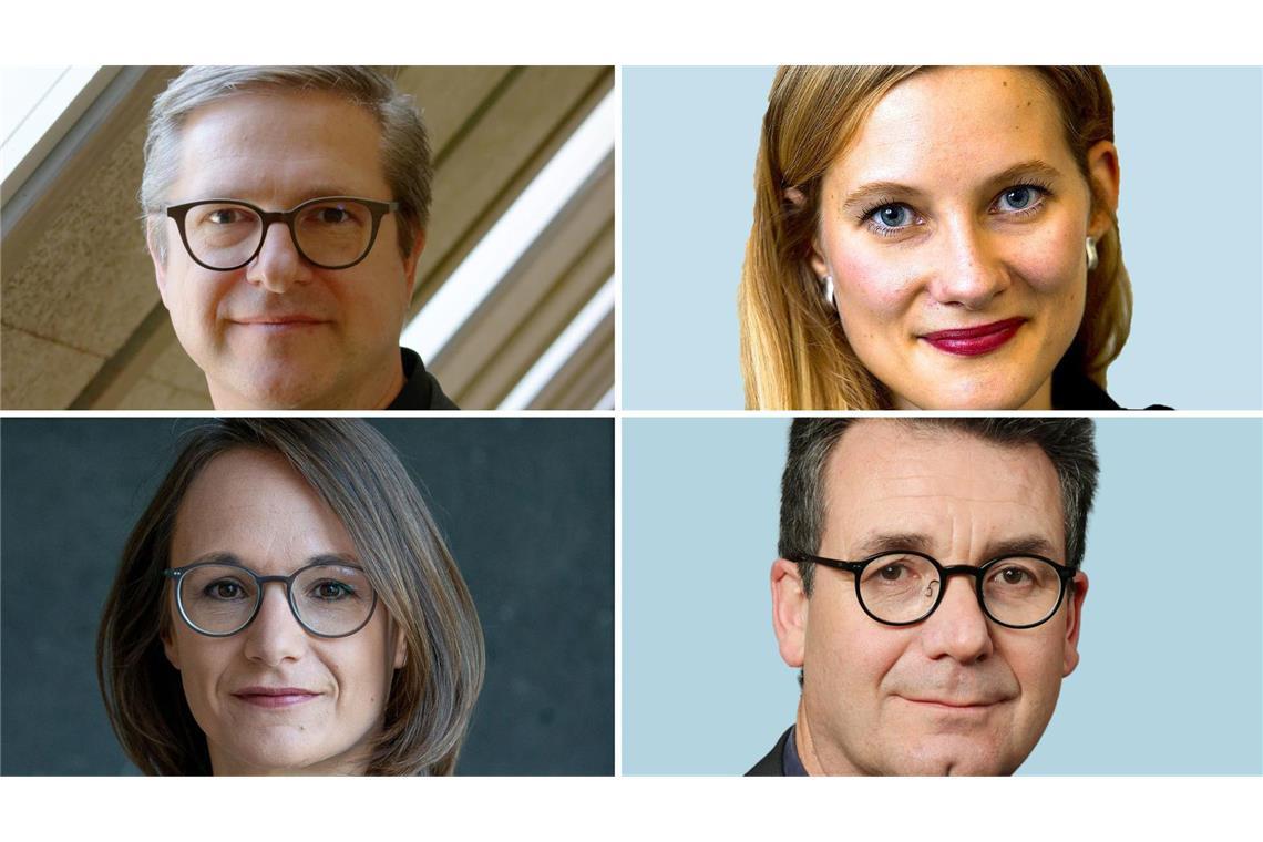 Kommunikationswissenschaftler Frank Brettschneider (links oben), Landespolitikredakteurin Annika Grah (links unten) und Landespolitikredakteur Reiner Ruf diskutieren nach der Landtagswahl miteinander. Moderiert wird von Eva-Maria Manz.