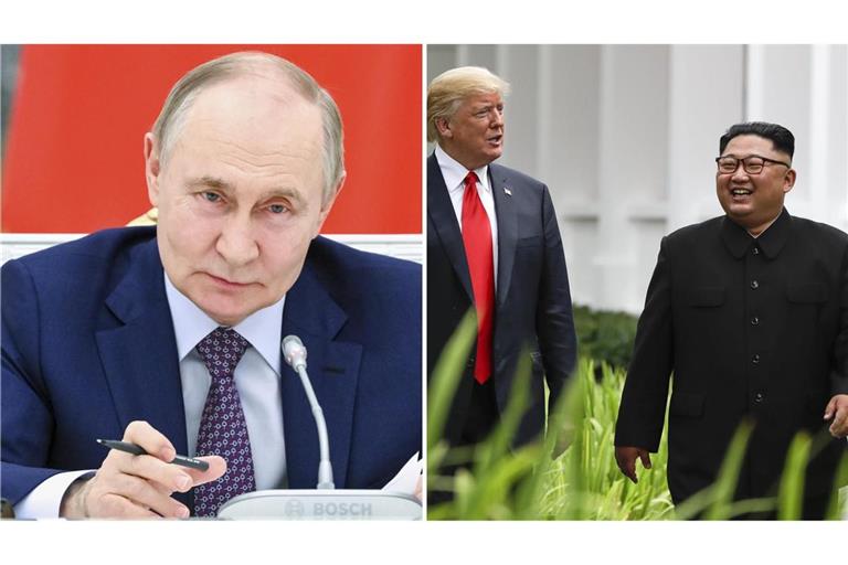 Kreml-Chef Putin (li.) trifft sich am Freitag mit US-Präsident Trump (Mitte) und hat zuvor mit Nordkoreas Machthaber Kim (re.) telefonisch eine engere Zusammenarbeit vereinbart.