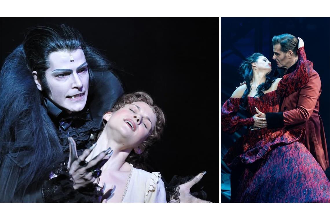 Krolock trifft auf Dracula: Jan Ammann (links mit Lucy Scherer im Jahr 2010 in „Tanz der Vampire“) und eine Szene aus „Dracula - Das Musical“