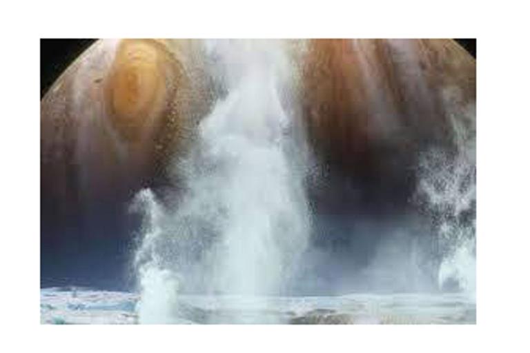 Künstlerische Darstellung der Wasserdampf-Geysire auf dem Jupitermond Europa.