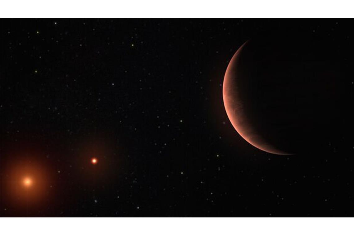 Ein "Tatooine"-Planet mit zwei Sonnen wie in „Star Wars“ existiert wirklich Künstlerische Darstellung des zirkumbinären Exoplanet 2M1510 (AB) b, der zwei