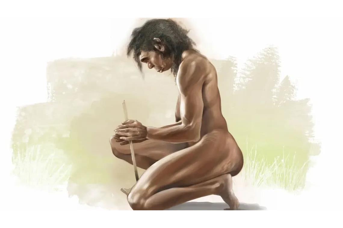 Künstlerische Darstellung einer Homo-erectus-Frau beim Feuermachen.