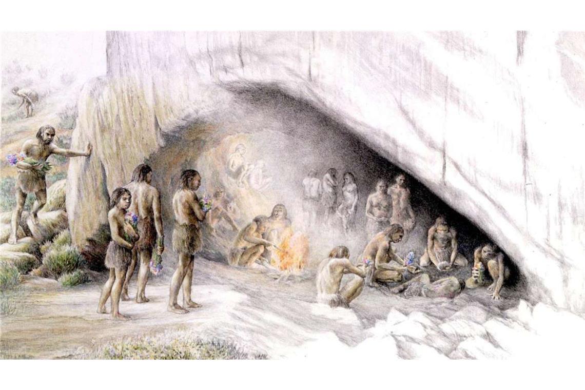 Ältester Beleg für Vermischung von Neandertalern und Homo sapiens Künstlerische Darstellung einer Neandertaler-Sippe vor ihrer Höhlenbehausung.