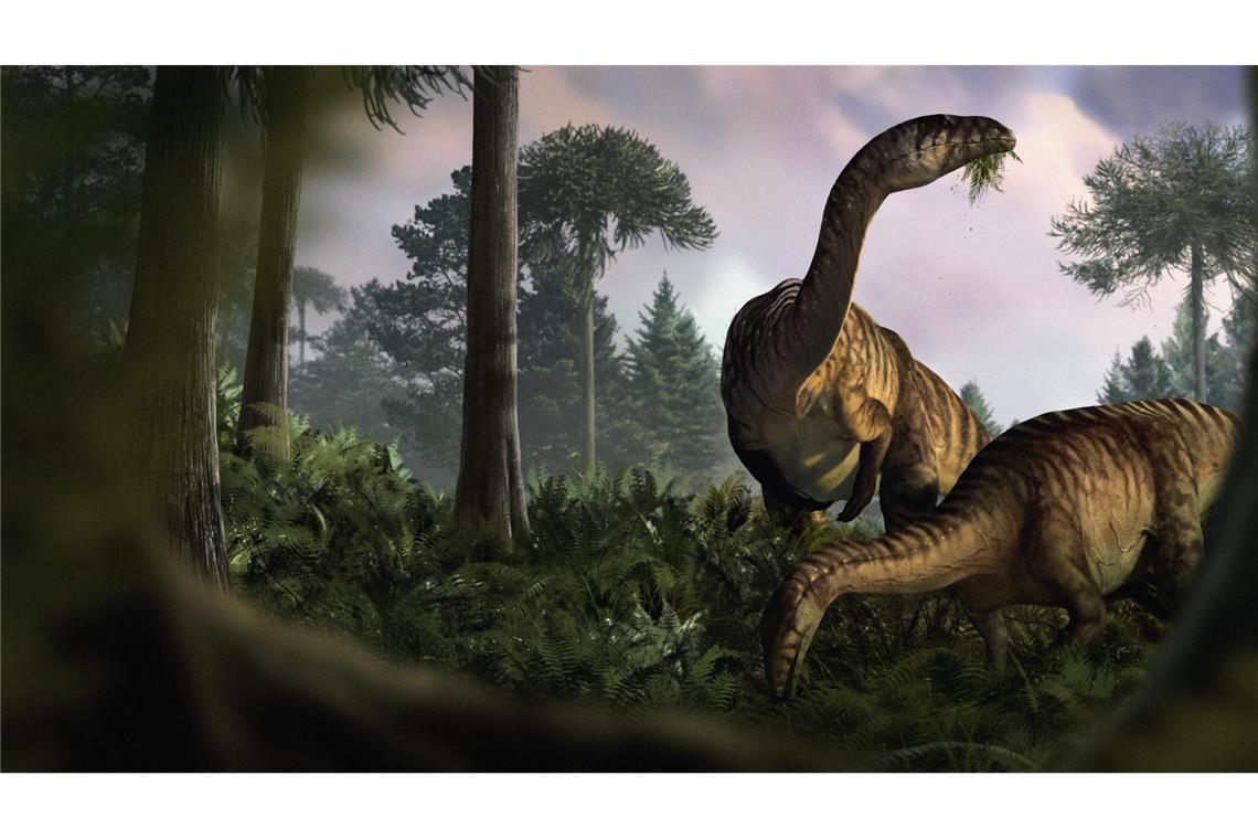 Was Kot- und Darm-Fossilien über den Aufstieg der Dinosaurier verraten Künstlerische Darstellung pflanzenfressender, farnfressender Echsenbeckendinosaurier im frühjurassischen Ökosystem von Soltykow.