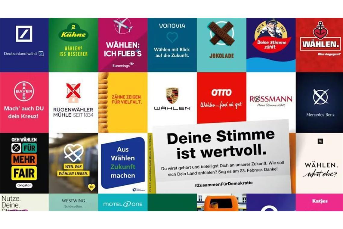 Vom Ampel-Aus bis zur Rücktrittswelle – Chronik des Wahlkampfs in Bildern Kurz vor der Wahl engagierten sich etwa 100 große Firmen um eine hohe Wahlbeteiligung. Sie änderten ihre Logos und Werbeclaims und modelten diese in Wahlaufrufe um. Auch viele Firmen aus dem Südwesten machten mit. Mercedes etwa ersetzte seinen Stern durch ein Wahlkreuz. Federführend bei der Aktion war eine Berliner Agentur. Die Kampagne wurde fleißig in sozialen Medien geteilt.