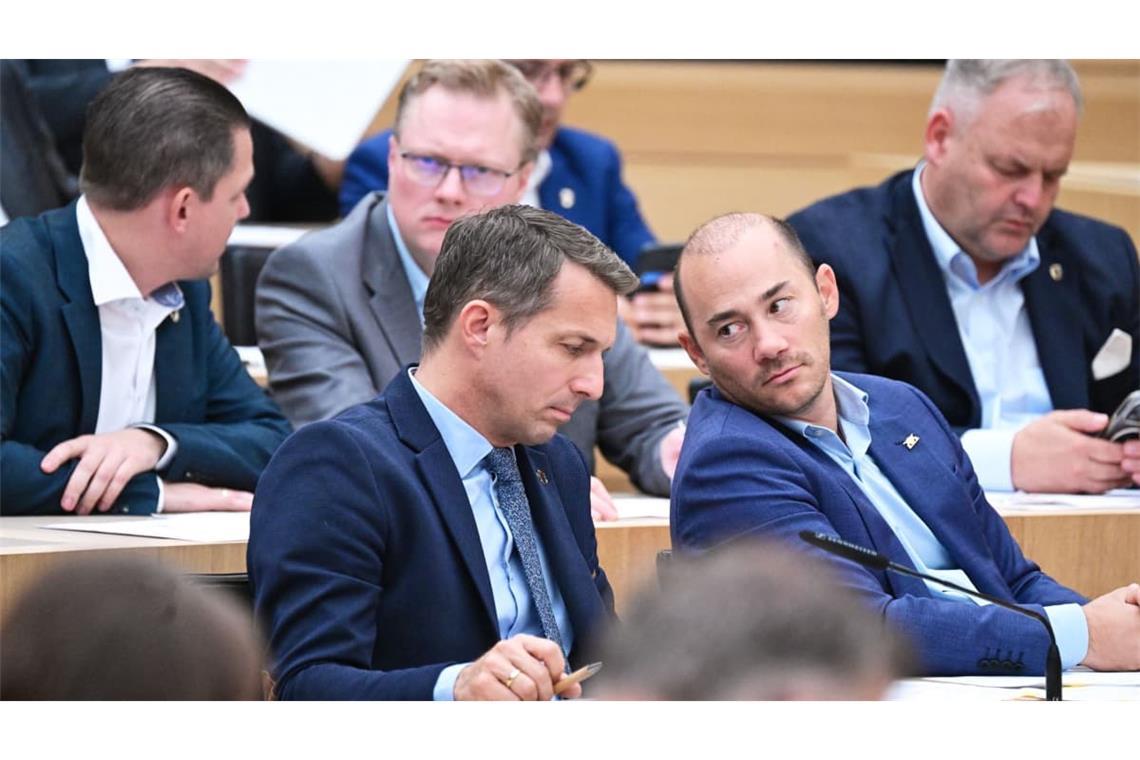 Landtagssitzung Baden-Württemberg: Martin Rothweiler (links), Vorsitzender der AfD-Fraktion im Landtag von Baden-Württemberg und Miguel Klauß (rechts), Parlamentarischer Geschäftsführer, sitzen im Plenum nebeneinander.