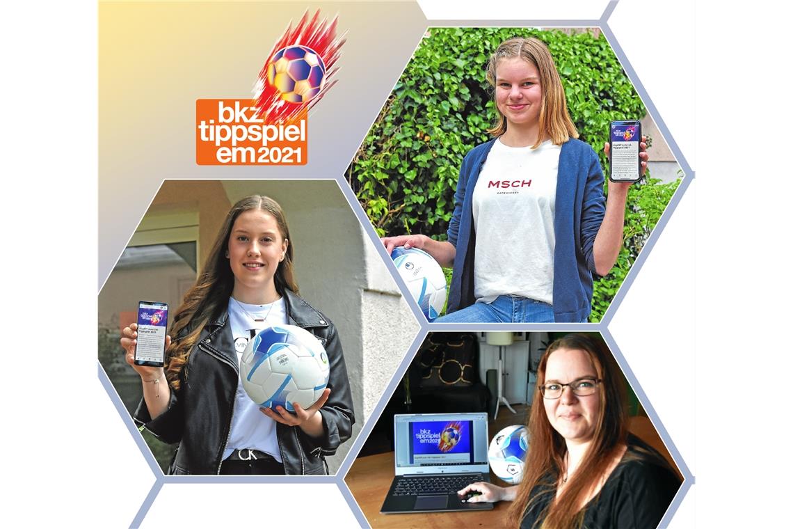 Neuntklässler sind über die App am Ball Lehrerin Annabell Etter sowie die Schülerinnen Annalena Leventic (links) und Lilli Grün von der Klasse 9b der Schickhardt-Realschule Backnang sind beim EM-Tippspiel unserer Zeitung in der Einzel- und in der Schulklassenwertung dabei. Fotos: T. Sellmaier/Grafik: S. Horn