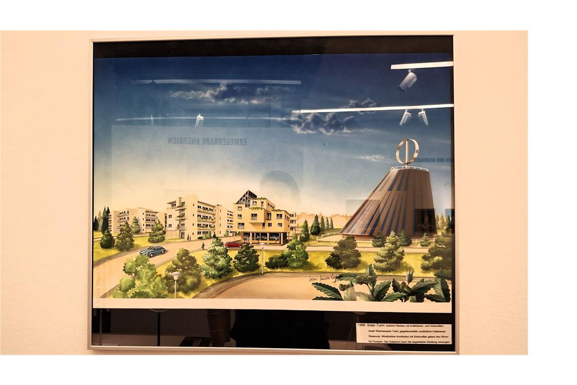 Der Mann, der das Feuerzeug neu erfand Lepoix’ Idee: „Chateau de Soleil“, Sonnenschloss, 1995/1996, Farbzeichnung. Ein Solarturm, der die benachbarten Häuser mit Energie versorgt hätte.