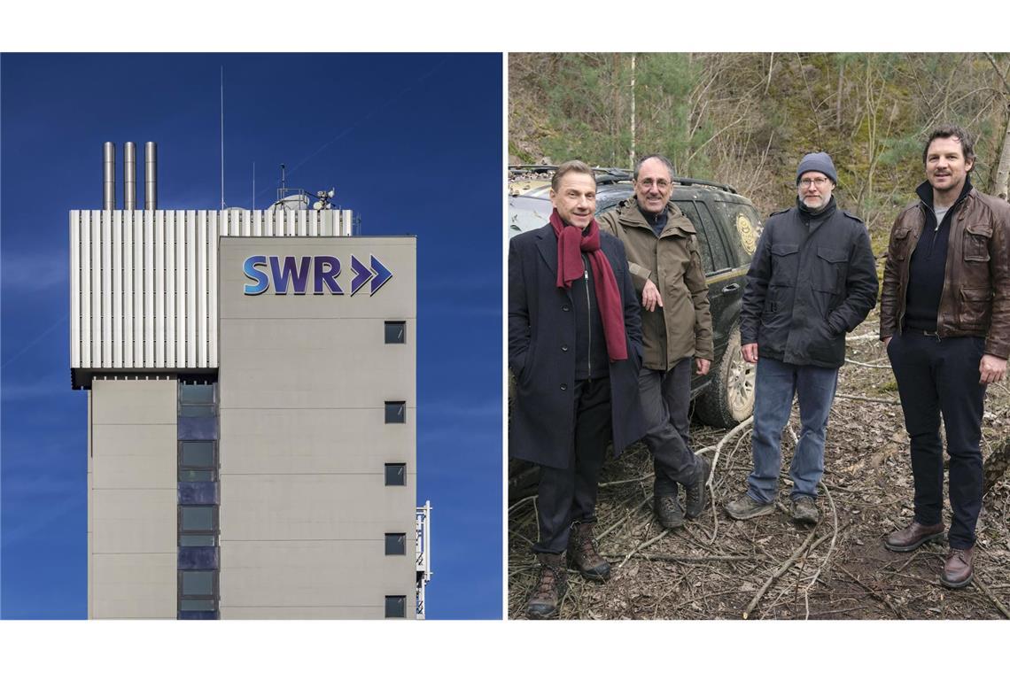 Links: Das SWR-Funkhaus, rechts: Dreharbeiten zum Stuttgart-Tatort „Lucys Geburtstag“
