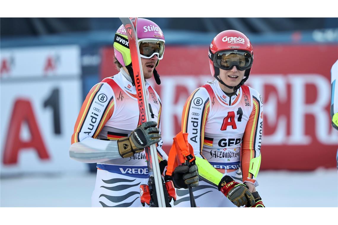Frühes WM-Aus für Deutschland im alpinen Team-Event Linus Straßer (l.) und Lena Dürr schieden mit dem deutschen Team im WM-Viertelfinale gegen die Schweiz aus.