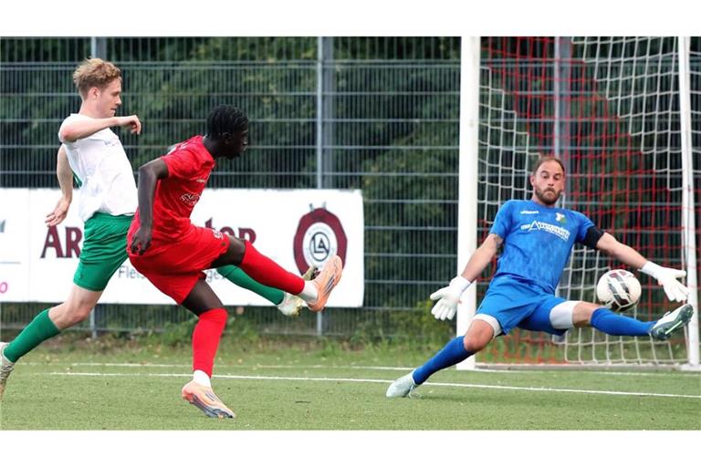 Lukas Emmrich stand beim 1:6 in Löchgau zum Saisonauftakt beim TSV Heimerdingen im Tor - gegen den Schuss von FV-Stürmer Mouhamad Gueye (Mi.) zum 2:0 hatte er keine Chance.