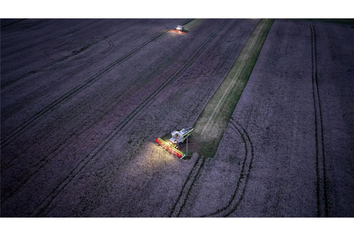 Bilder des Tages Mähdrescher vom Agrarbetrieb Markfrucht Lützow ernten nach Sonnenuntergang Raps auf einem Acker in Mecklenburg-Vorpommern.