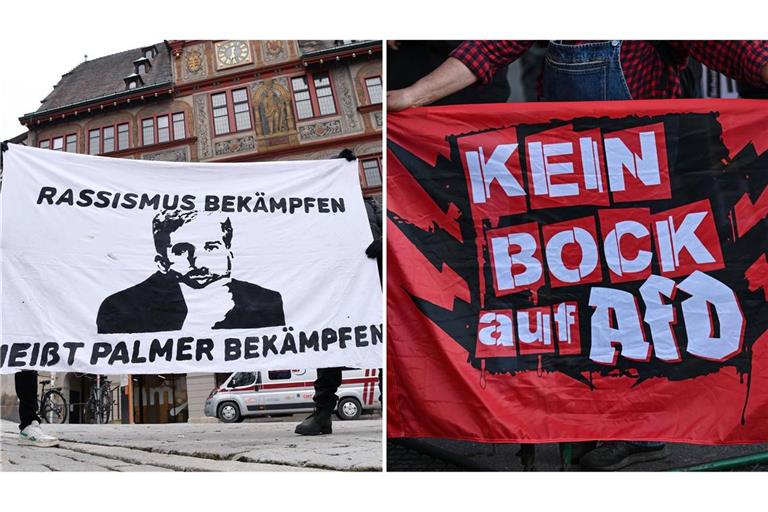 Manche in Tübingen bezeichnen Boris Palmer als Rassisten, wie Aktivisten mit einem Banner nach einem Facebook-Post des OB im Jahr 2021 deutlich machen (links). Ähnliche Vorwürfe erhält der Ex-Grüne jetzt auch wegen des geplanten Streitgesprächs mit der AfD. (Symbolbilder)