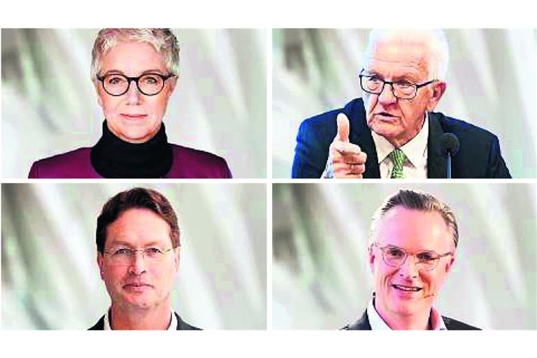 Martina Merz, Winfried Kretschmann, Marcus Berret und Ola Källenius (von links oben im Uhrzeigersinn) stehen für geballtes Insiderwissen in Sachen Autoindustrie.