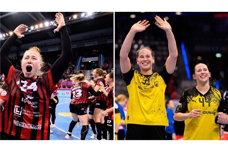 Meike Schmelzer (li.) bejubelt den Einzug ins Pokal-Endspiel mit der HSG Bensheim/Auerbach, Guro Nestaker und Kelly Vollebregt (re.) freuen sich über die Titelchance mit dem BVB.