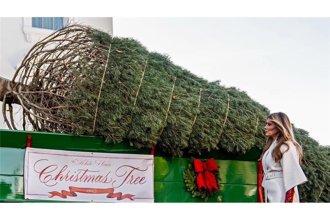 Melanie Trump nimmt den Weihnachtsbaum in Empfang.