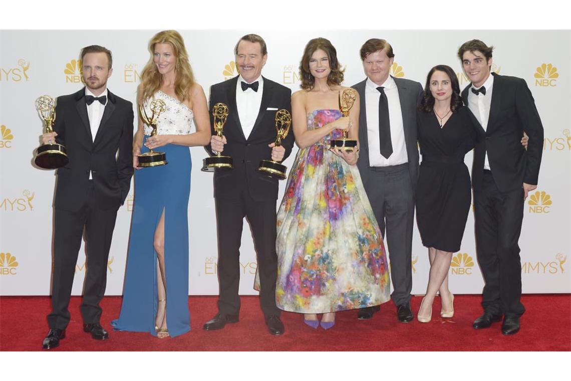 Members of the cast of Breaking Bad, winner of the Emmy for Outstanding Drama Series for 'Breaking Bad,' pose in the press room during the 66th annual Primetime Emmy Awards held at the Nokia Theatre in Los Angeles, California, USA, 25 August 2014