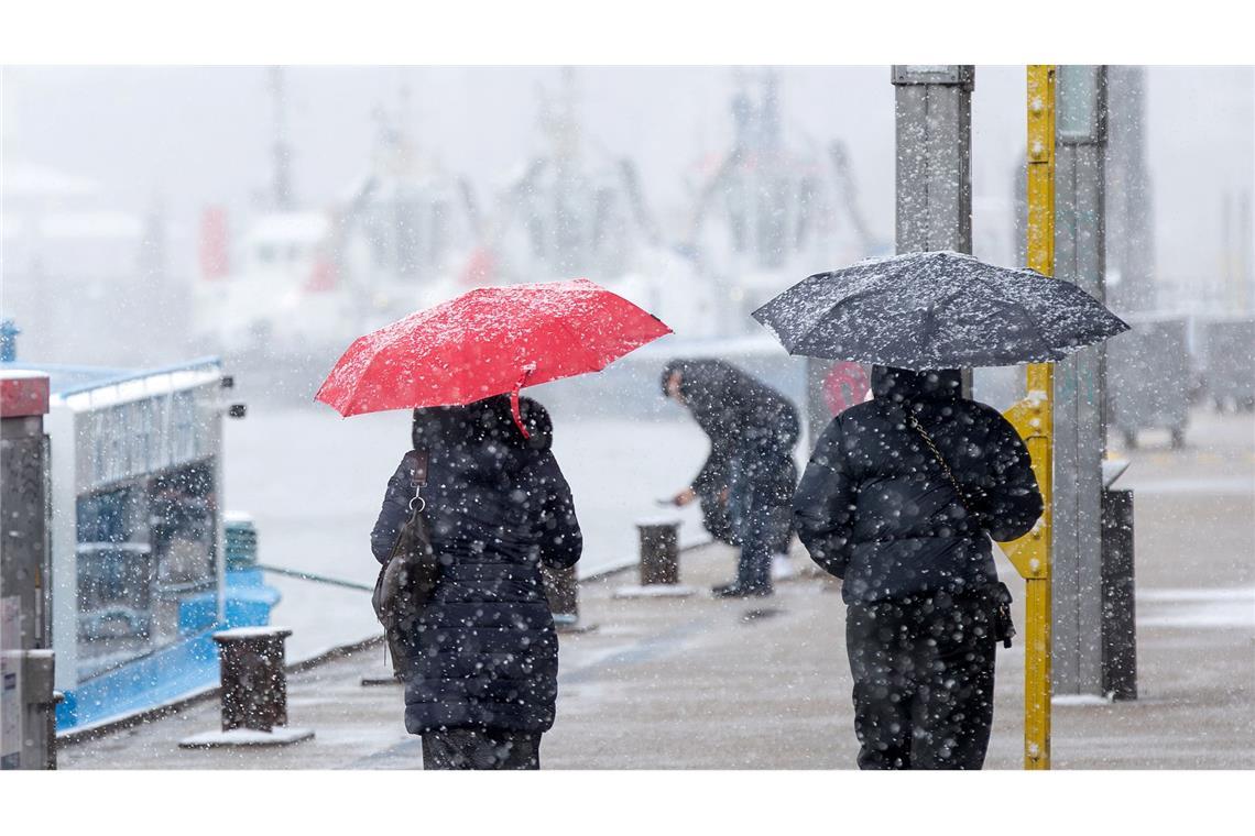 Menschen schützen sich vor Schneefall mit Regenschirmen bei einem Spaziergang an den Landungsbrücken am Hamburger Hafen.