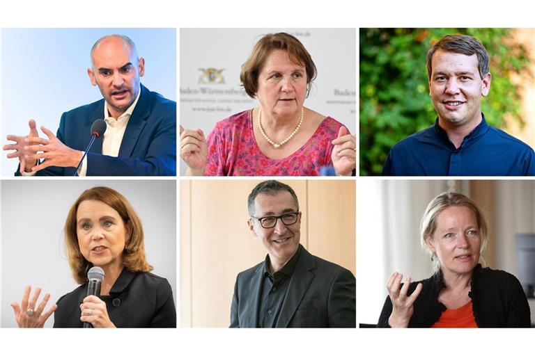 Ministerpräsident Cem Özdemir (unten, Mitte) und seine grüne Ministerriege (von unten links nach unten rechts im Uhrzeigersinn:  Petra Olschowski, Danyal Bayaz, Theresa Schopper, Oliver Hildenbrand, Thekla Walker