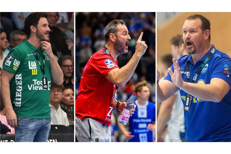 Misha Kaufmann (re.) spielt mit dem ThSV Eisenach bei seinem künftigen Club TVB Stuttgart,  Ben Matschke (li.) mit Frisch Auf bei seinem Ex-Verein und Iker Romero (Mi.) will mit Bietigheim endlich den ersten Heimsieg.