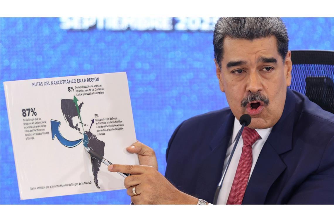 Maduro: Anschlag auf US-Botschaft in Caracas vereitelt Mit dem Beschuss mutmaßlicher Drogenboote aus Venezuela in der Karibik verschärfte US-Präsident Donald Trump bereits die Gangart gegen Maduro.(Archivbild).