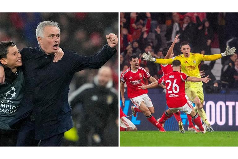 Mourinho (links) feierte den irren Sieg durch Trubins Treffer (Torwart, rechts) mit einem Balljungen.