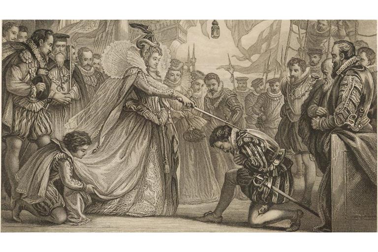 Nach der Rückkehr von seiner Weltumseglung 1580 besucht Königin Elisabeth I. Francis Drake auf dessen Schiff „The Golden Hind“ und schlägt ihn zum Ritter.