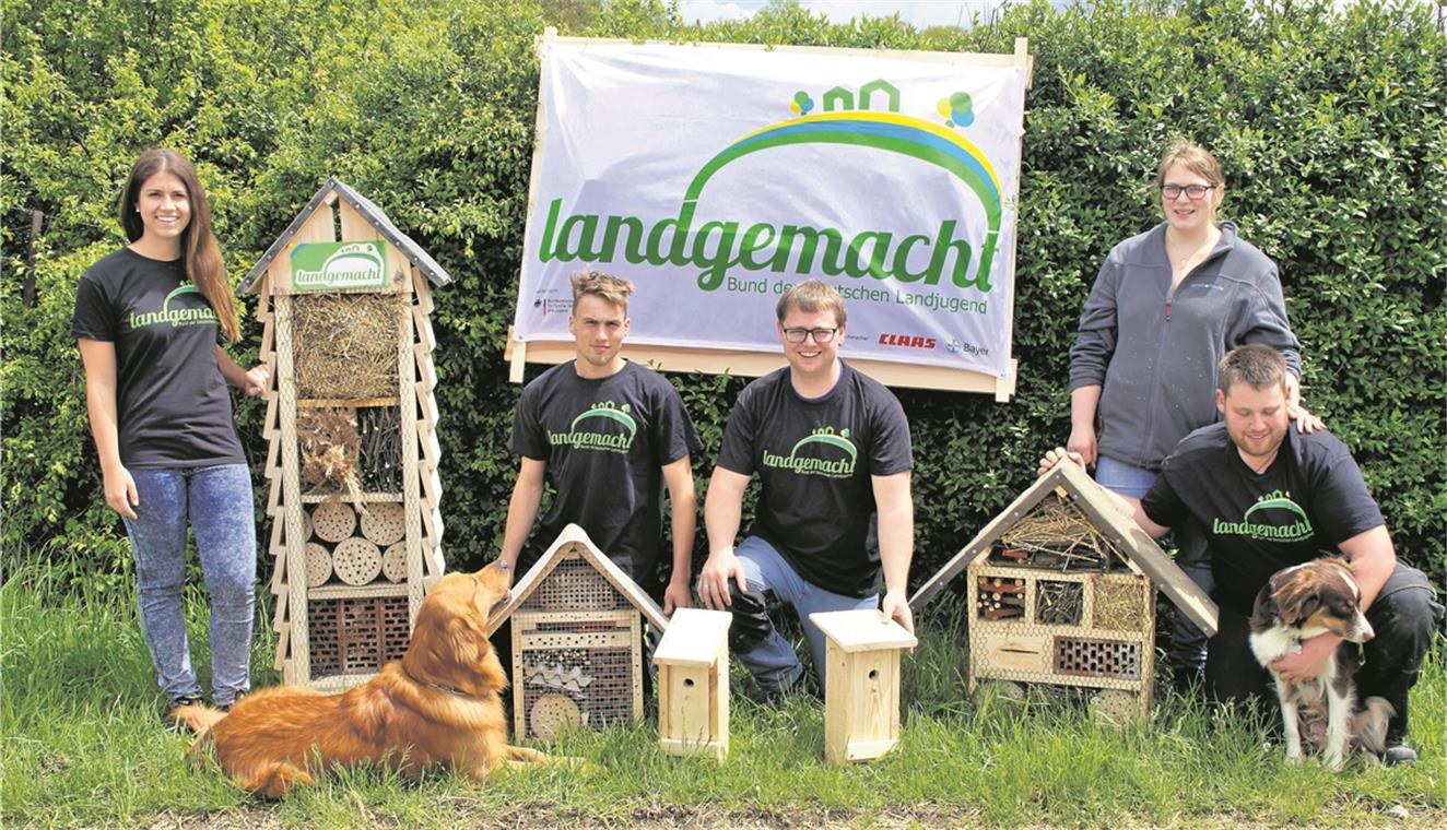 Nadine Kübler, Dennis Bauer, Paul Burkhardt, Lea Grabe und Peter Magenau (von links) haben eifrig mit angepackt beim Bau der Insektenhotels. Foto: U. Gruber