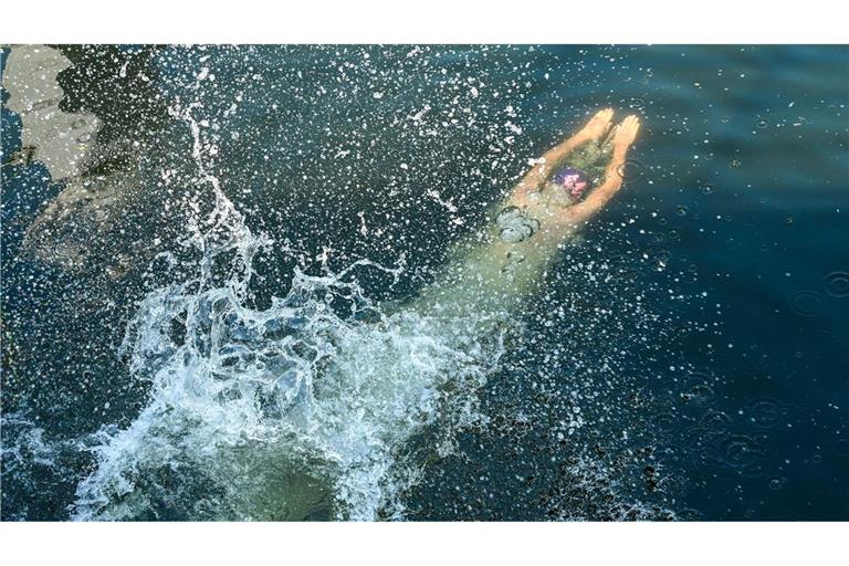 Nassforscher Protest: Ein Teilnehmer einer Schwimmdemo gegen das Badeverbot in der Spree in Berlin springt ins Wasser der Spree.