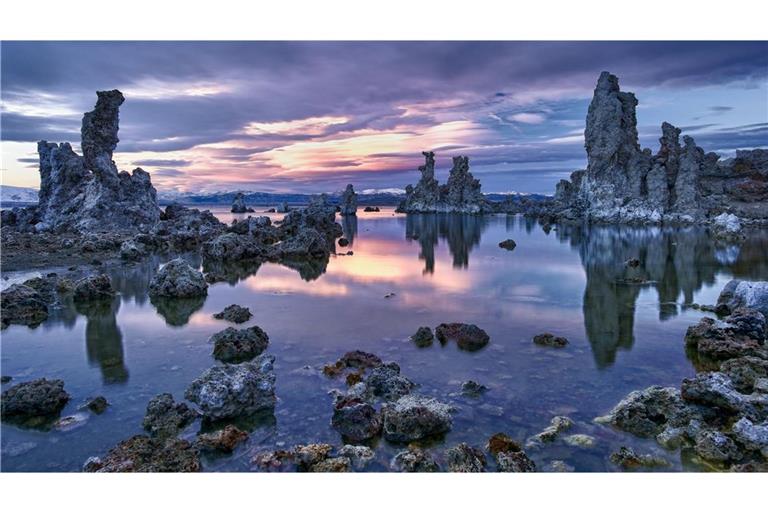 Natronsee: Der Mono Lake in Mono County im zentral-östlichen Teil von Kalifornien ist also sowohl besonders alkalisch als auch besonders salzhaltig. Wegen der harschen Umweltbedingungen müssen Tiere und Pflanzen sowohl an den hohen pH-Wert angepasst sein als auch den Salzgehalt ertragen können.
