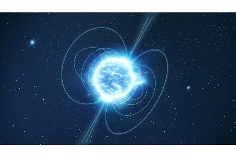 Neutronensterne, wie hier in der Abbildung, sind extrem dichte Überreste explodierter Sterne, die ein starkes Magnetfeld besitzen.