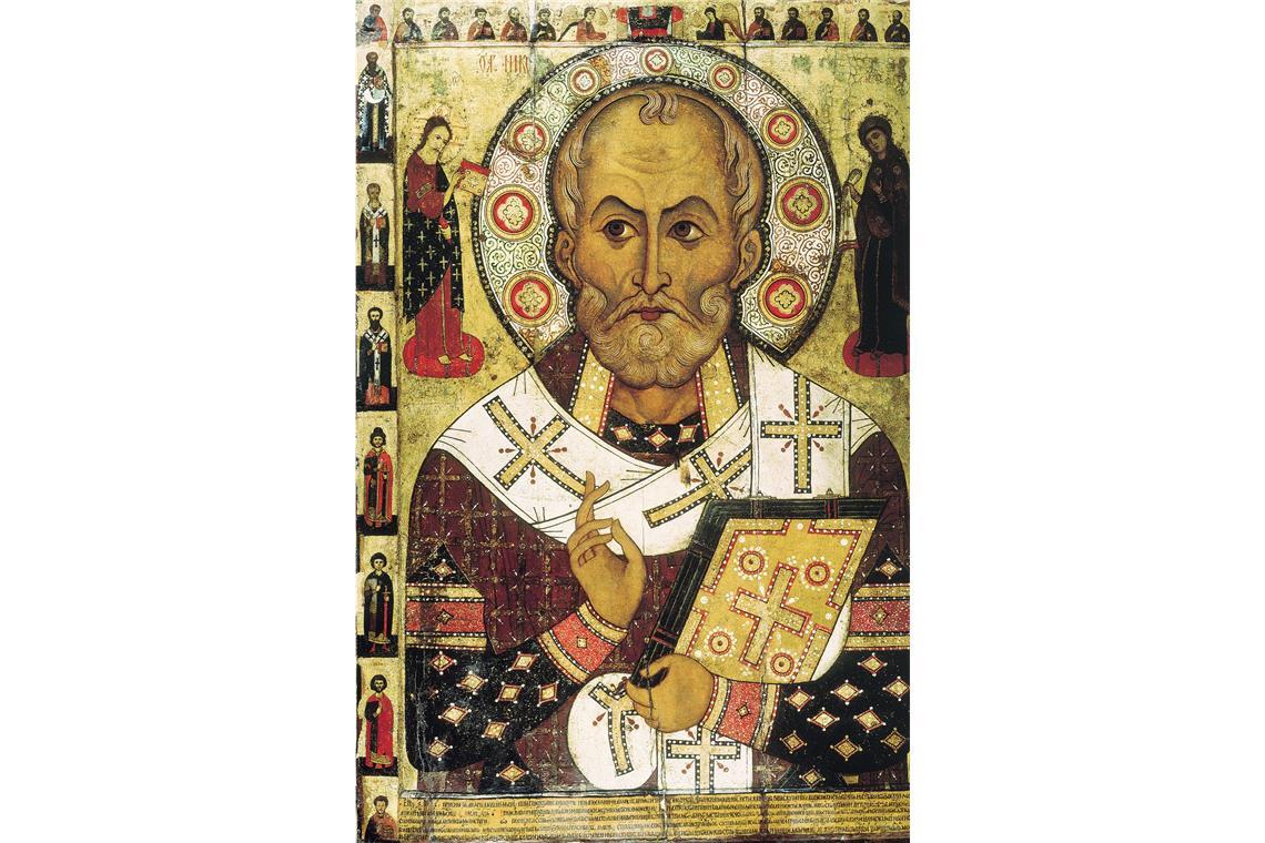 Das ist der Unterschied zwischen Nikolaus und Weihnachtsmann Nikolaus von Myra (russische Ikone von Alexa Petrow (1294, Museum Nowgorod).