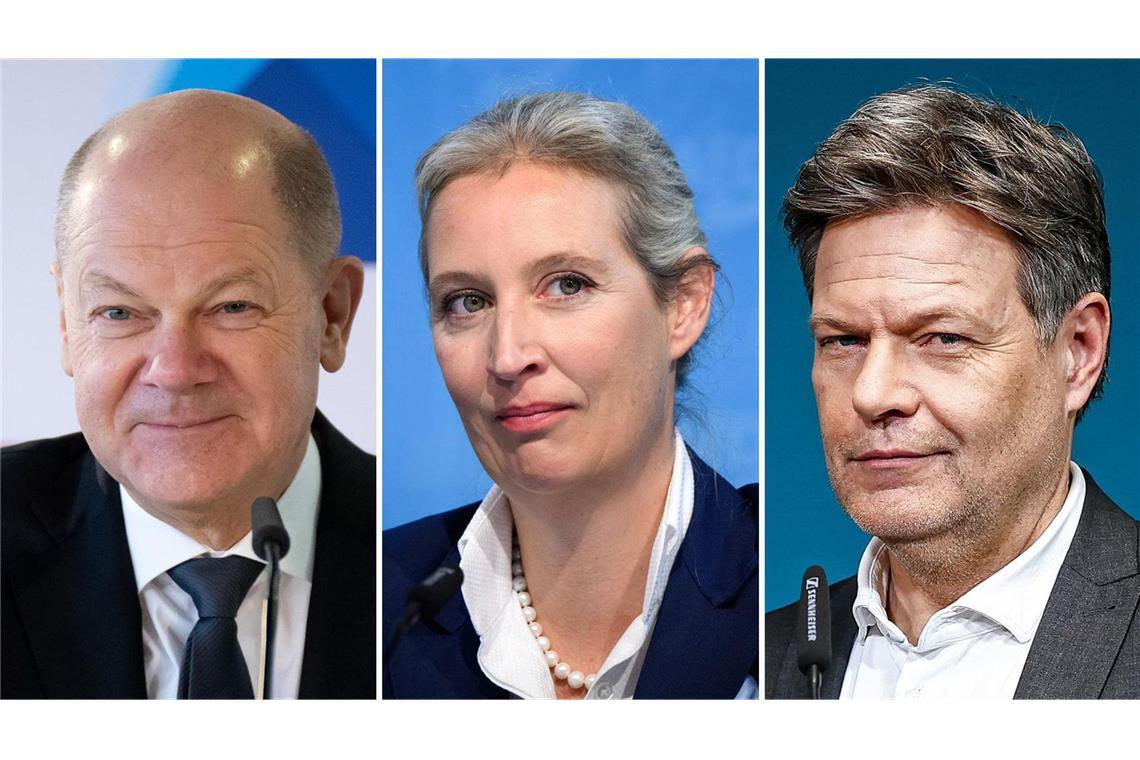 Kanzlerkandidaten im Bürger-Speed-Dating – „Sie sehen super gut aus!“ Olaf Scholz, Alice Weidel und Robert Habeck (v.li.) traten beim Bürger-Speed-Dating an.