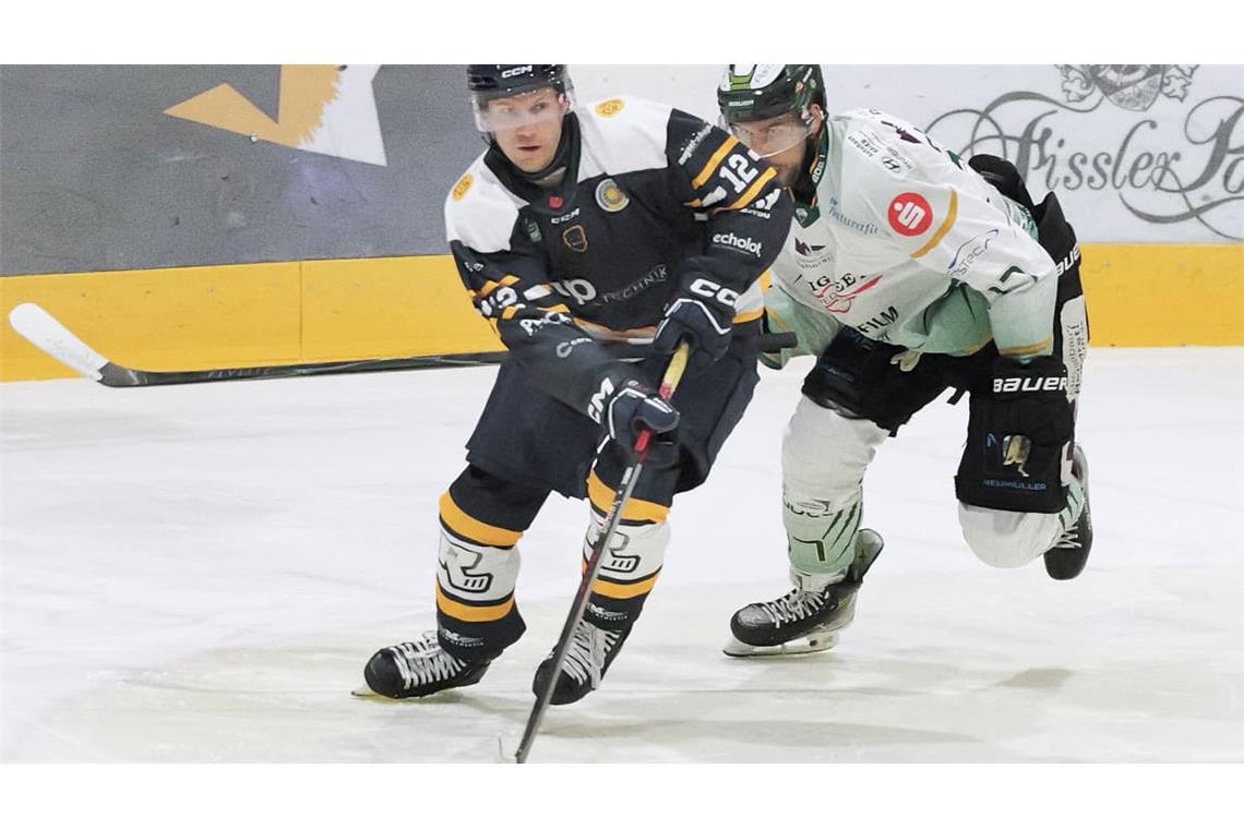Owen Lalonde markiert am Sonntag im Heimspiel gegen den EV Lindau Islanders in der Verlängerung den 3:2-Siegtreffer für die Stuttgart Rebels.